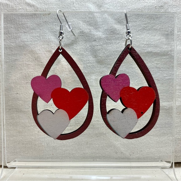 Valentine's Day Love Hearts Wooden Drop Dangle Earrings - Picture 6 of 11